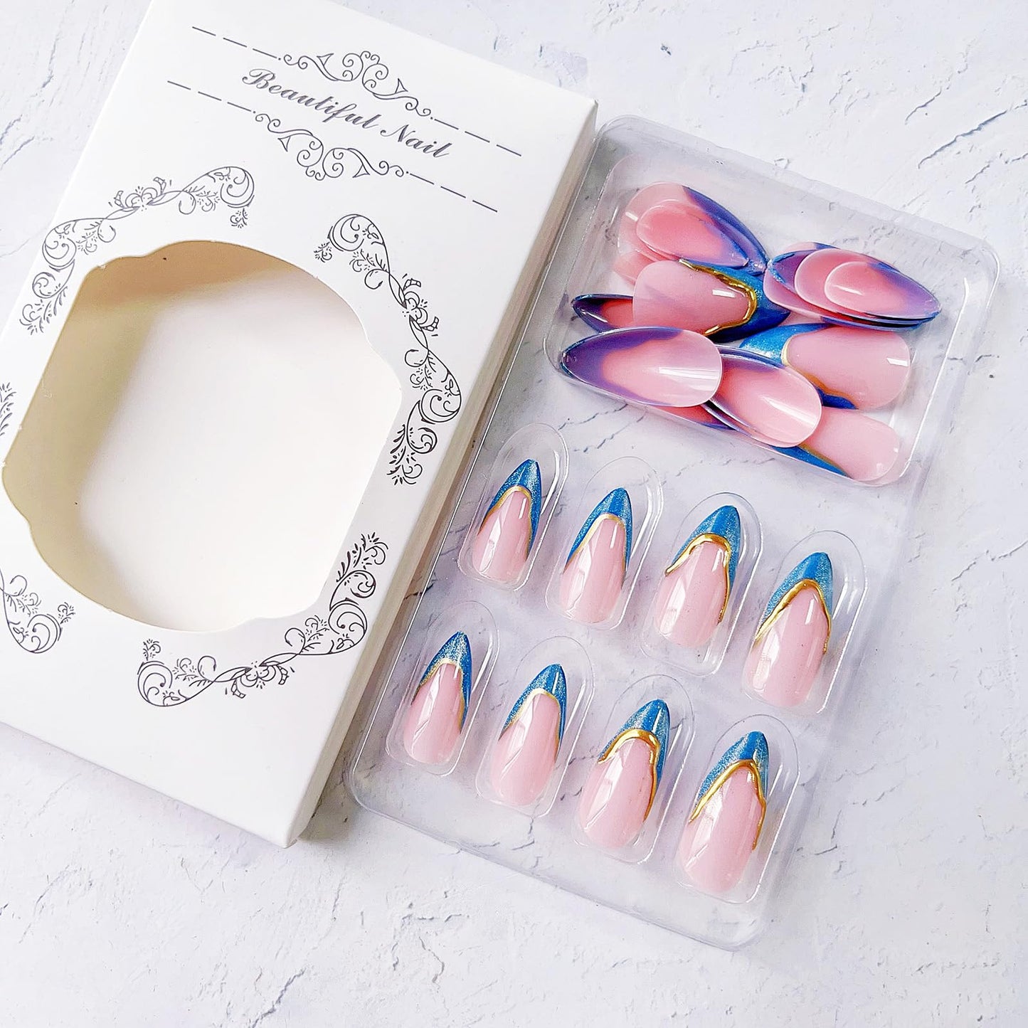 Blue French Tip Press on Nails Medium Almond Cat Eyes Fake Nails with Gold Curve Line Designs Blue False Nails Acrylic Artificial Spring Summer Stick on Nails for Women DIY French Manicure Kit