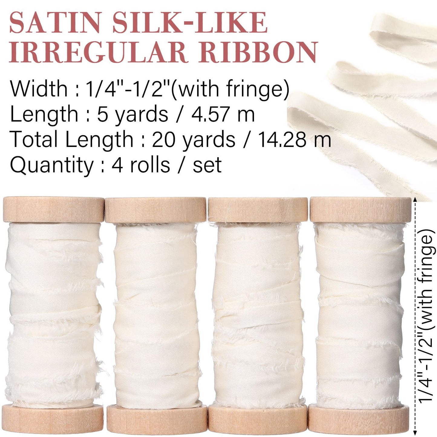 Mindsoft Frayed Chiffon Ribbon for Craft Silk Satin Ribbons 1/2-1/4 Inch x 20 Yard Handmade Fabric Strips with Wooden Spool for Valentines Day Wedding Gift Wrapping(Ivory)