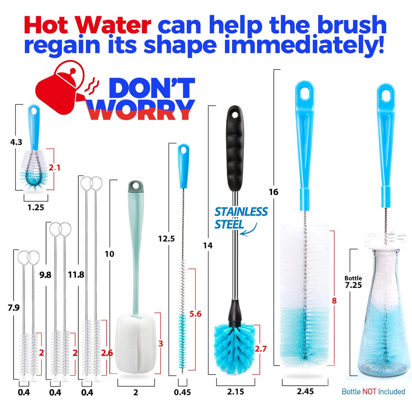 Holikme Bottle Brush Tube Cleaning Lab Set with Long Handle, Cup Cleaner for Washing Narrow Neck Beer Wine Decanter Pipes Lids Sinks Cap Covers, Green