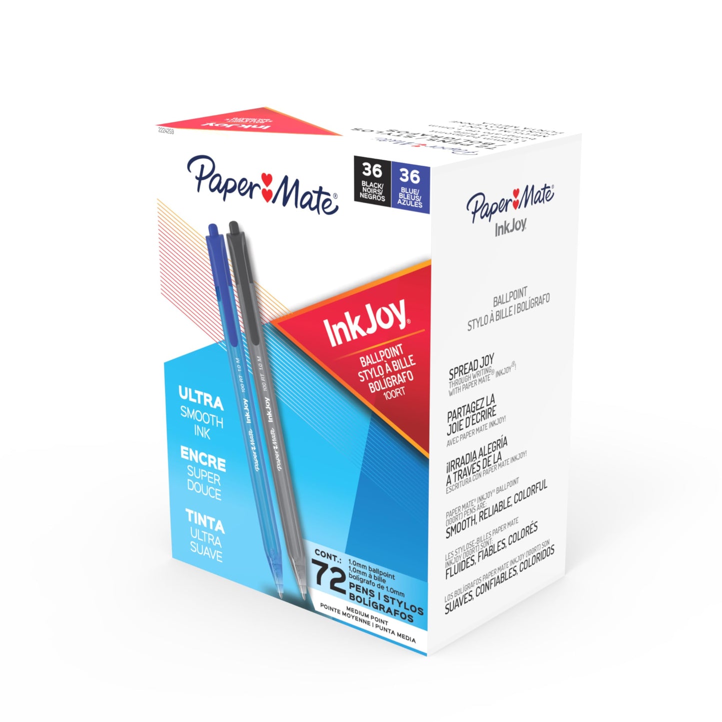 Paper Mate InkJoy 100RT Ballpoint Pens, Medium Point (1.0mm), Black & Blue Ink, 72 Count - Bulk Pack for School, Home, Office, College, Note-Taking