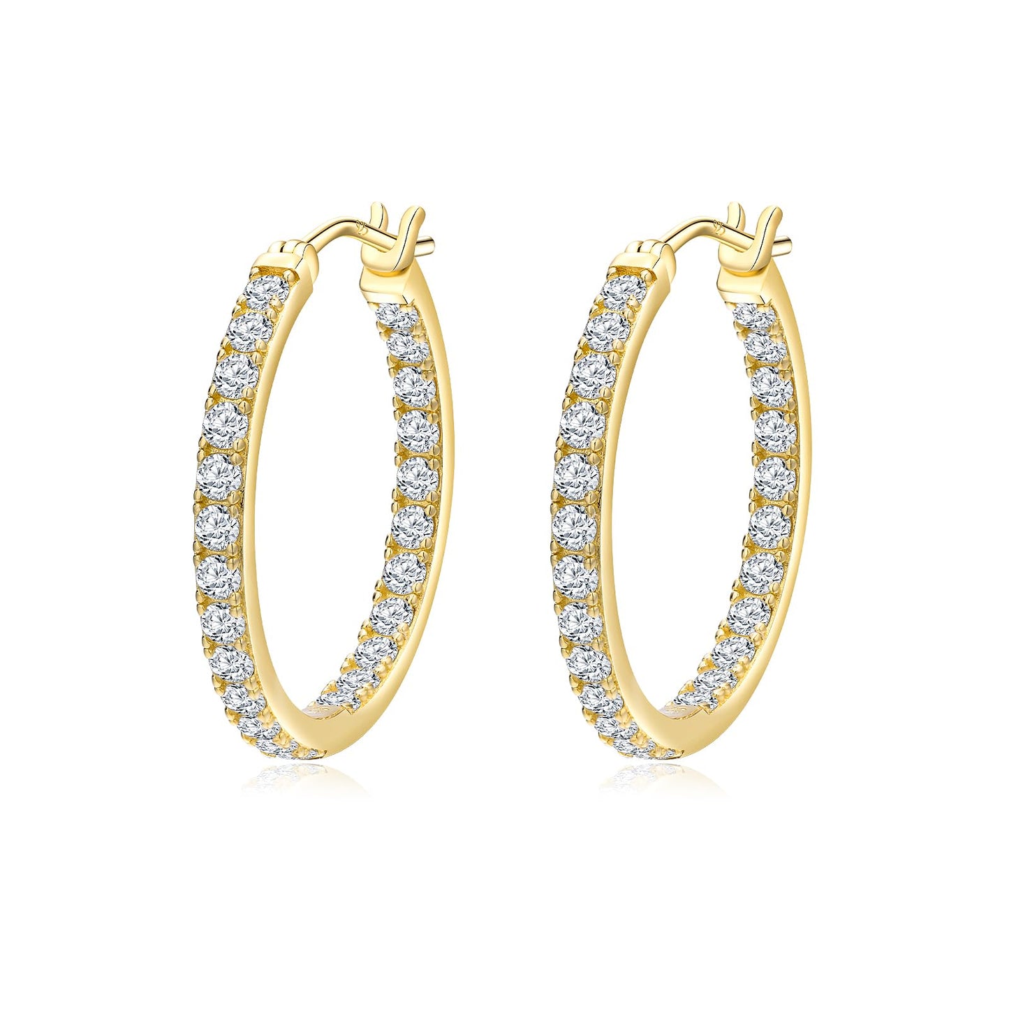 RANDES 14K Gold Plated Cubic Zirconia Hoop Earrings Trendy Sterling Silver Post Cretaed Diamond Earrings 26mm Medium Hoop Earring Wedding Jewelry
