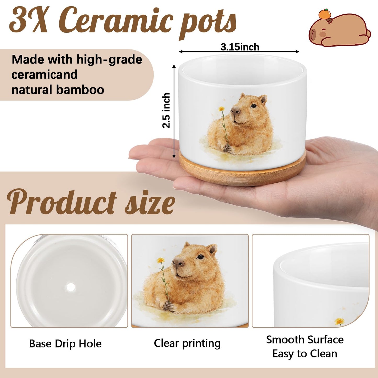Jingmore 3 Pcs Capybara Decor Gift for Women Planter Ceramic Gift Animal Plant Pot with Bamboo Tray for Office Home Farm House Bathroom Kitchen Christmas Decorations (No Plants Included)