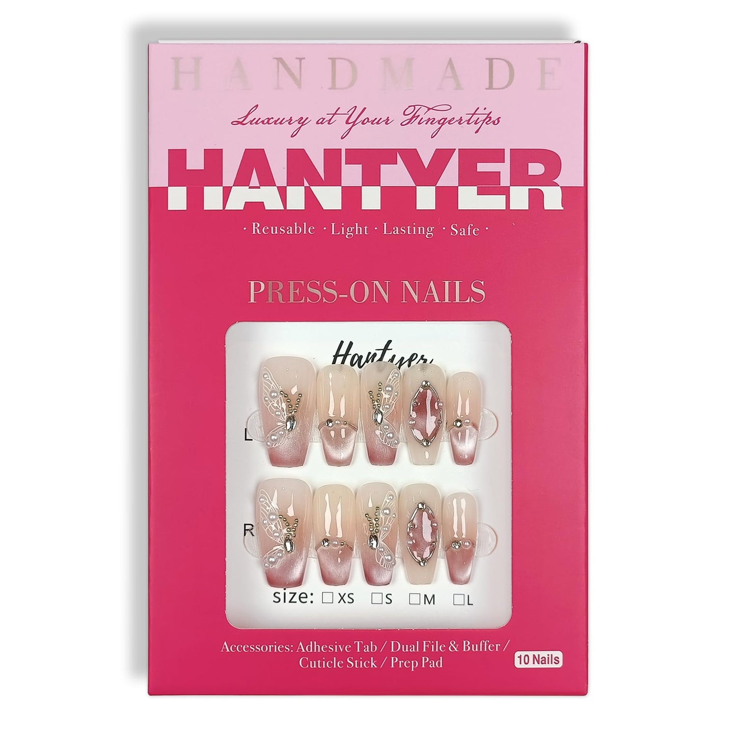 Hantyer Press on Nails Medium Coffin False Nails with Butterfly Design, White Rhinestones & Pearls, Pink Gradient Glossy Cat Eye, Handmade Tips with Tool Kit Salon Nails Sweet Style for Women(Size L)
