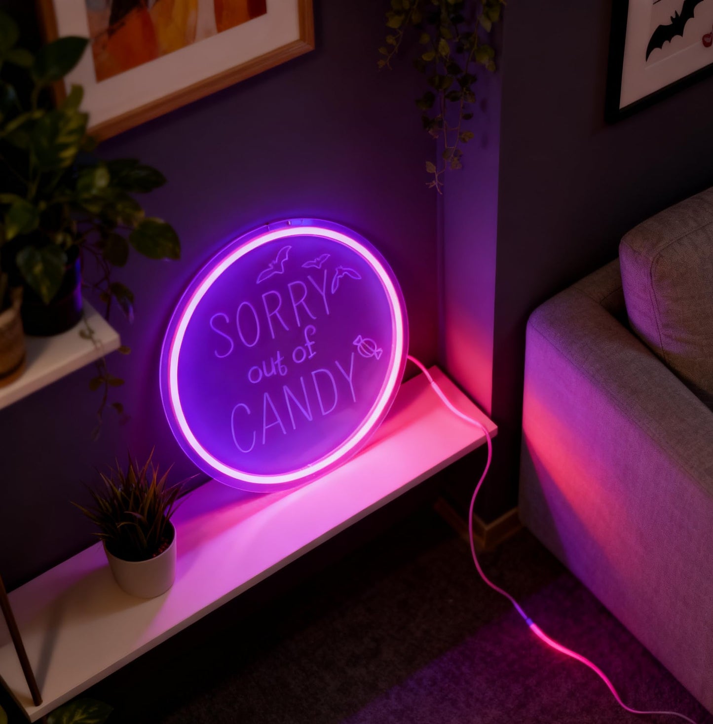 Sorry Out of Candy Neon Sign, Purple Halloween Theme Neon Light, Candy Store Home Party Wall Table Decor, USB Powered LED Decorative Light 12.8 x 12.8 In