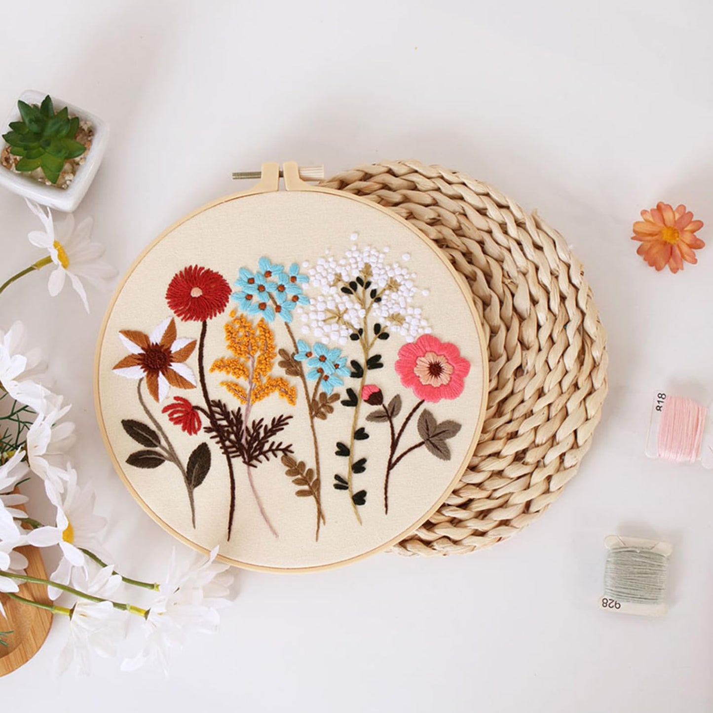 Smart-Feather 3 Sets Embroidery kit for Beginners, Hand Embroidery Kits for Adults with Hoop, DIY Art Project Craft Kit (Flower)