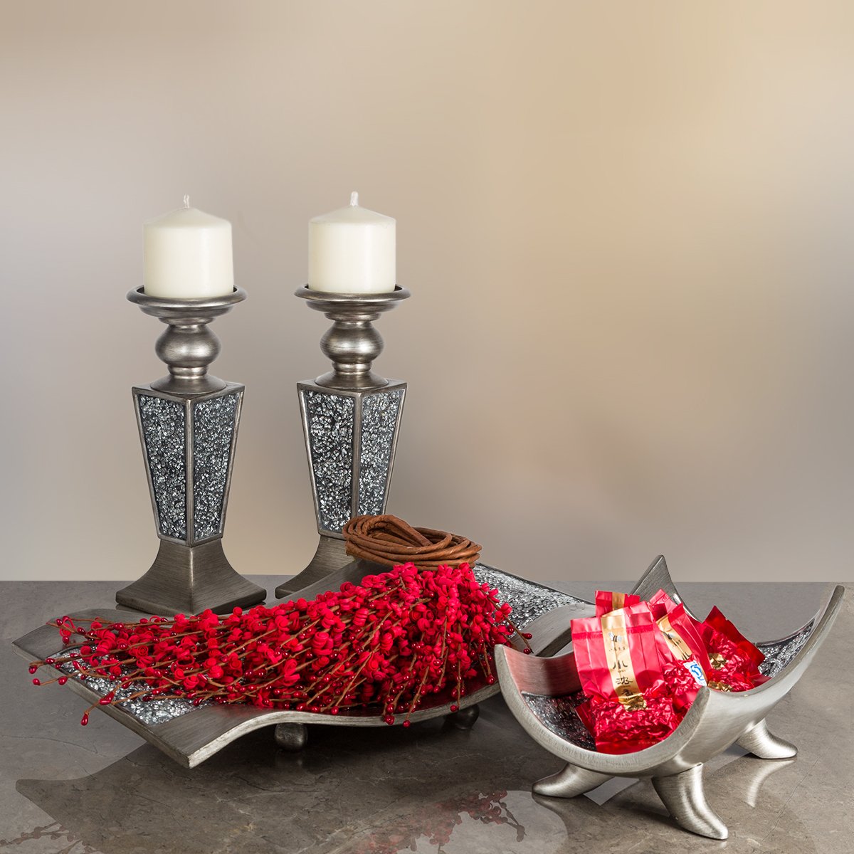 Creative Scents Schonwerk Silver Centerpiece for Dining Room - Crackled Mosaic Design Decorative Tray - Home Decor - Coffee Table Decorations Centerpiece for Dining/Living Room - Great Gift Idea