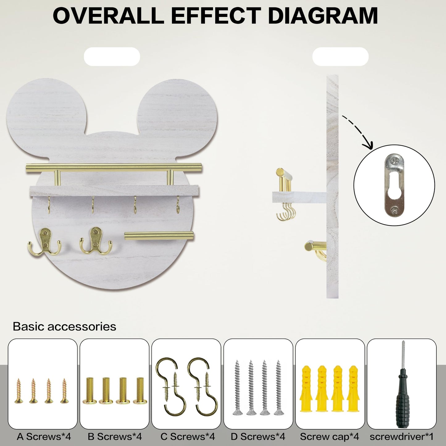 AIRPOP Key Holder for Wall–Mouse Wooden Mail Organizer Wall Mount with Shelf and 6 Hooks, Easy Installation Key Rack Hanger for Entryway Living Room Home Decor(White)