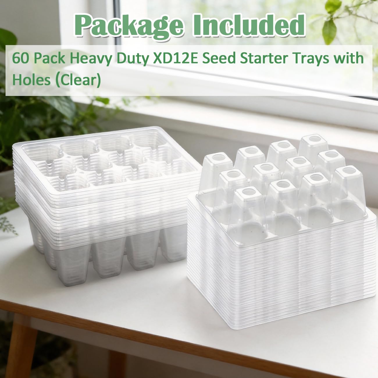 RooTrimmer 60 Pack Reusable 12-Cell Clear Seed Starter Trays - Extra Large Drainage Holes, Easy to Repotted, Clear Transparent Tray for Root Observation, Seed Starting, Fits Standard 1020 Trays
