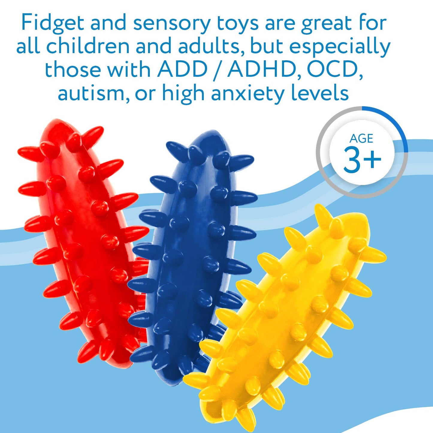 IMPRESA Spiky Sensory Roller - Multicolor 3-Pack, 3 in L x 1.4 in Dia Tactile Sensory Brush Roller for Kids - Stress Relief & Focus - Animal-Themed Monkey Spiky Fidget