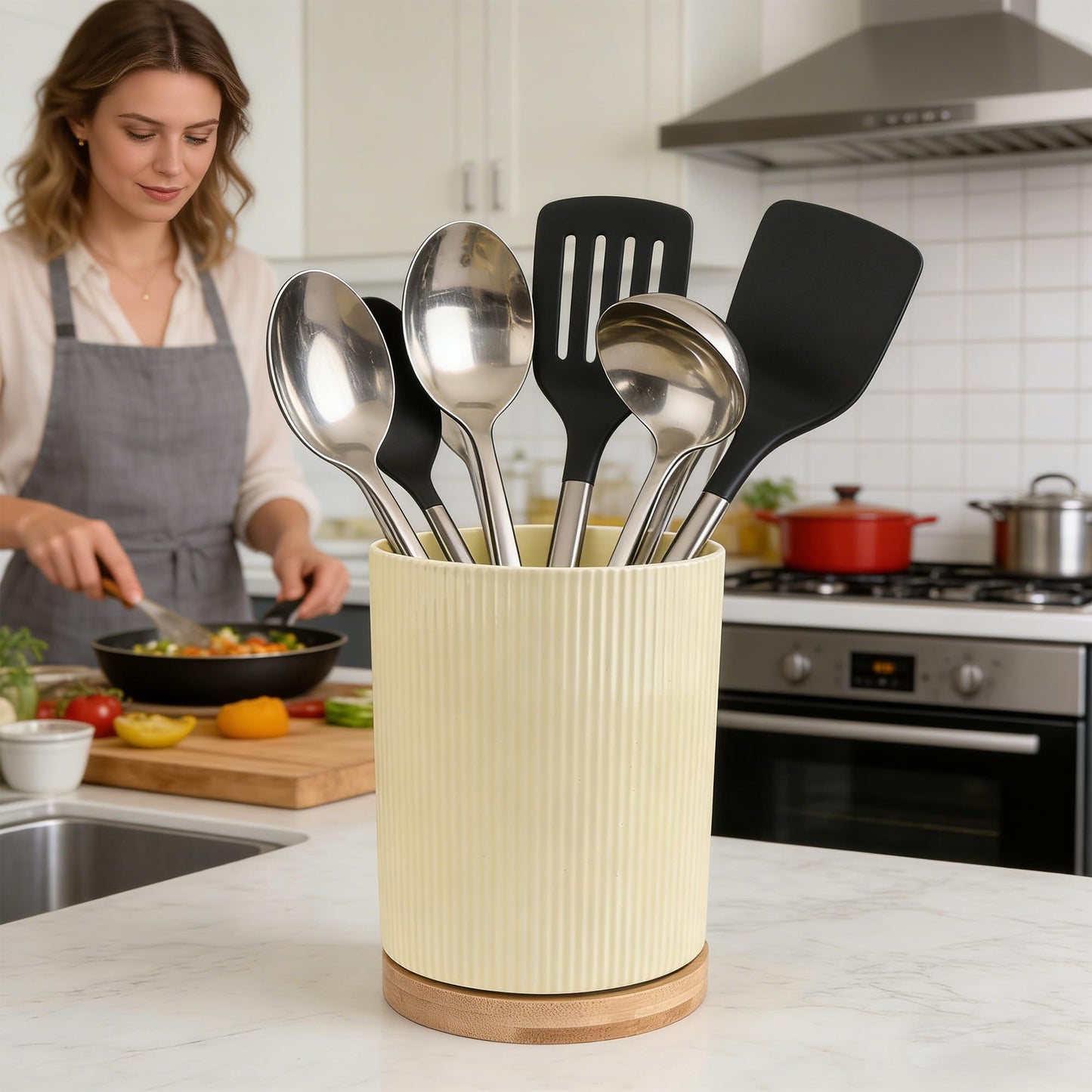 QUELIEN Utensil Holder, 360° Rotating Ceramic Kitchen Utensil Holder for Countertop, 7.7" Utensil Crock for Kitchen Counter with Rotatable Wooden Base,Ideal Housewarming Gift & Mothers Day Gift