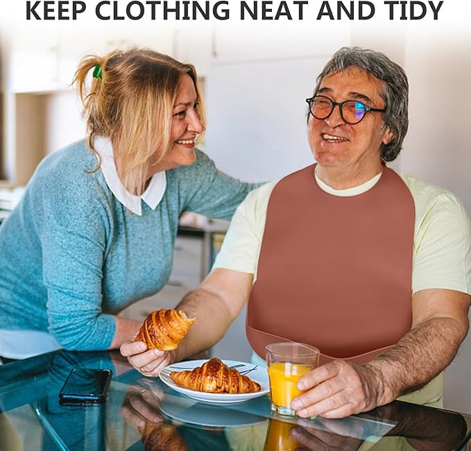 Adult Bibs for Men Women Elderly Adjustable Washable Silicone Adult Bibs for Elderly with Crumb Catcher (Brown)