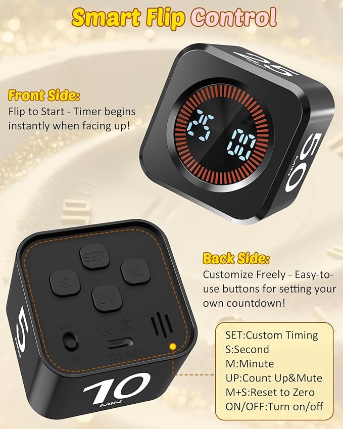 Pomodoro Timer Cube Visual Productivity Flip Timer for Kids Classroom Desk, 5/10/25/50min&Custom Countdown, Silent&Sound Mode Digital Cube for ADHD Study Work School Game Kitchen (Black)