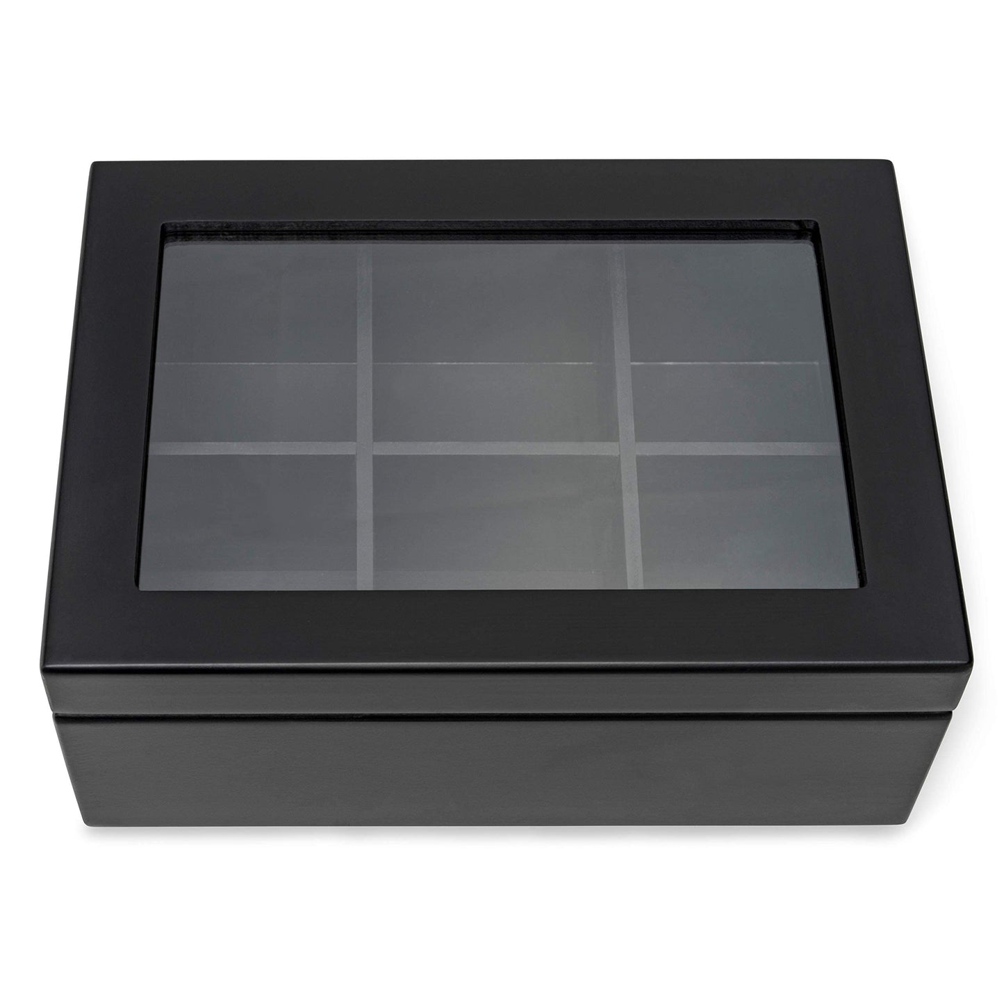 Break Tradition Wooden Tea Organizer For Tea Bags - 6 Compartments, Clear Top Window, Lid Stays Open (Black)