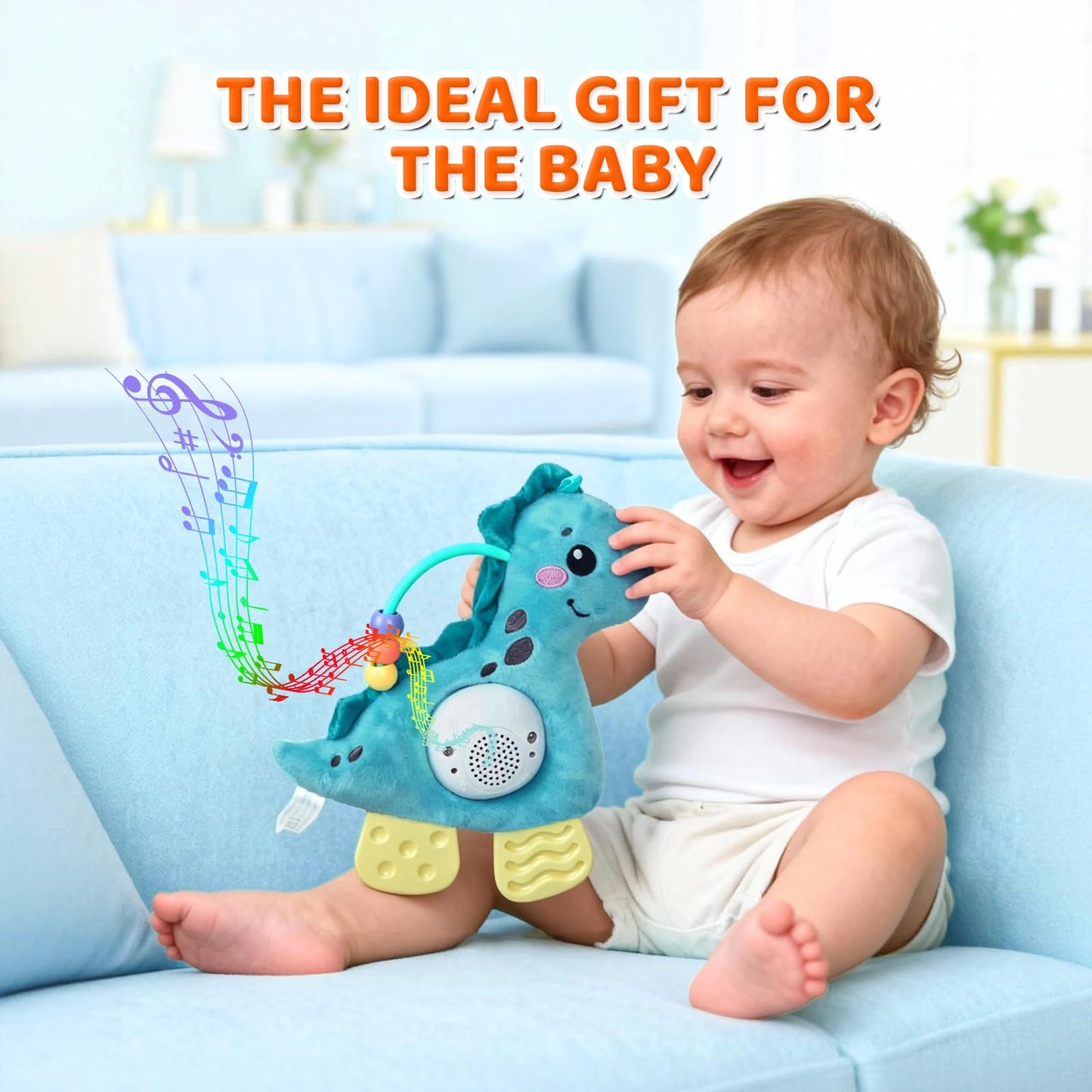 PLSFSS Baby Musical Activity Soft Toys with Sound & Light, Sensory Toys for Infant Developmental with Teether, Rattle and Textures, Soft Plush Toy for Newborn Gift 6 to 12 Months (Blue Dinosaur)