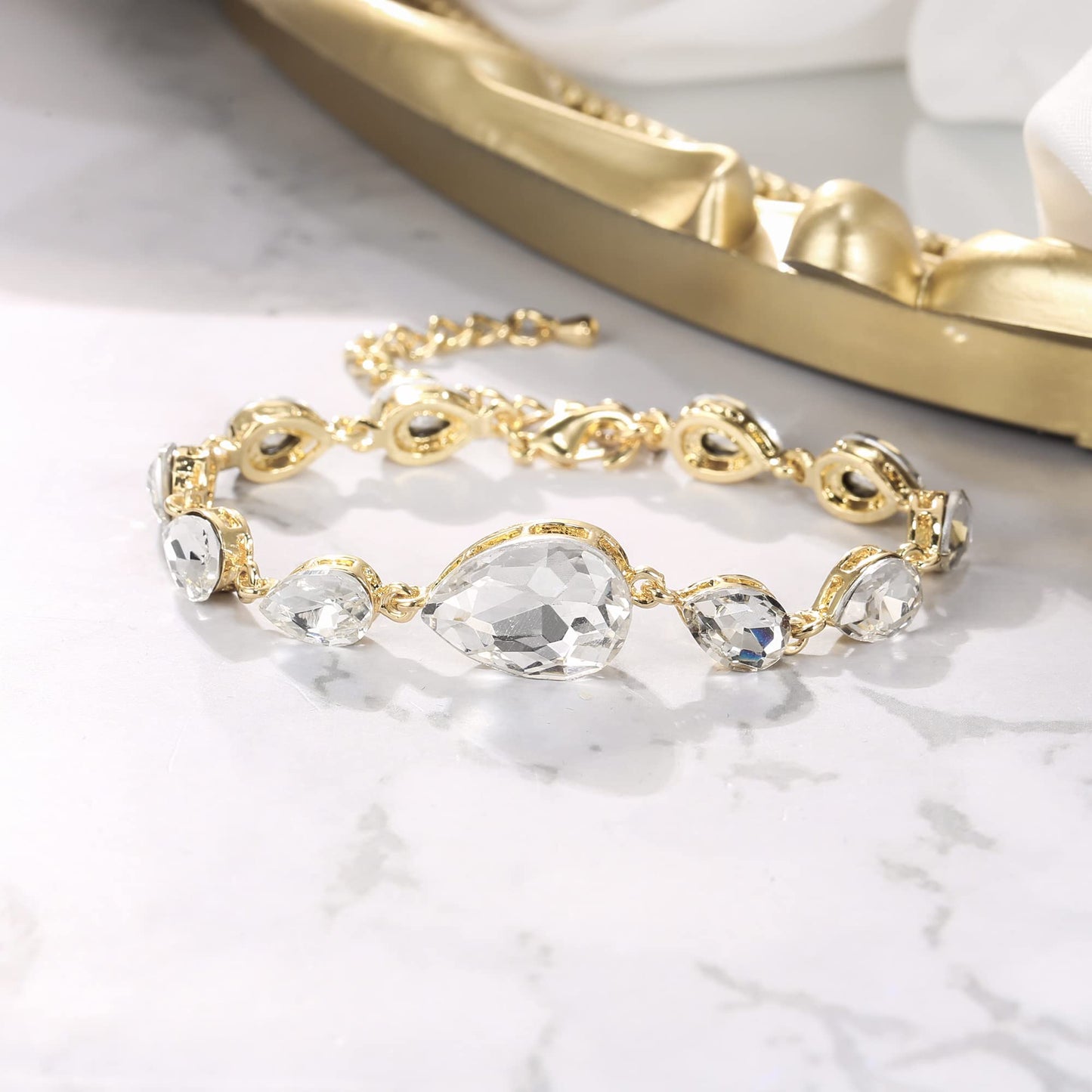 BriLove Wedding Bridal Bracelet for Women Shiny Bling Crystal Multi Teardrop for Party Prom Clear Gold-Plated-Base