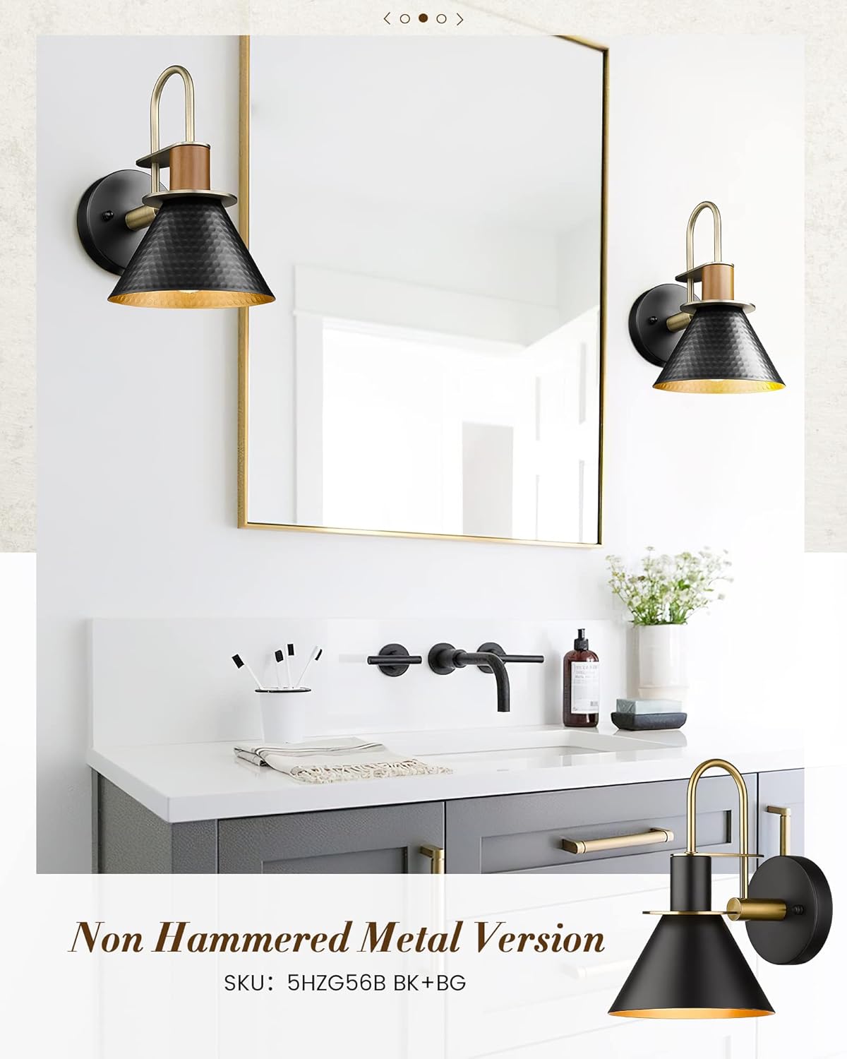 Modern Wall Sconces Set of Two, HWH Industrial Sconce Wall Lighting 1-Light, Gooseneck Barn Wall Vanity Light for Bedroom Kitchen, Hammered Metal Shade, Black and Gold Finish, 5HZG74B-2L BK+BG