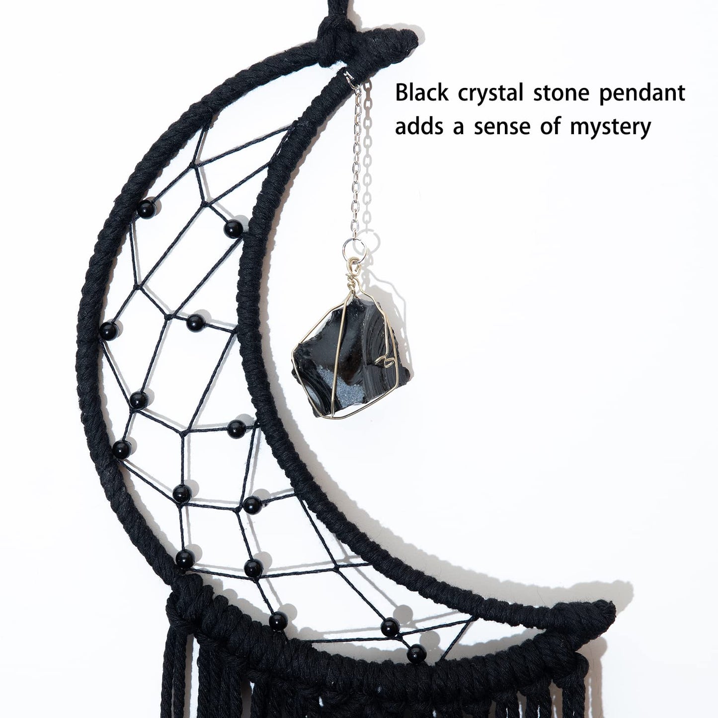 MOONFLY Black Moon Dream Catcher with Handmade Crystal Stone Design Woven Cotton Boho Macrame Wall Hanging Home Decoration Ornament Craft Gift(Black Crystal Stone Moon)