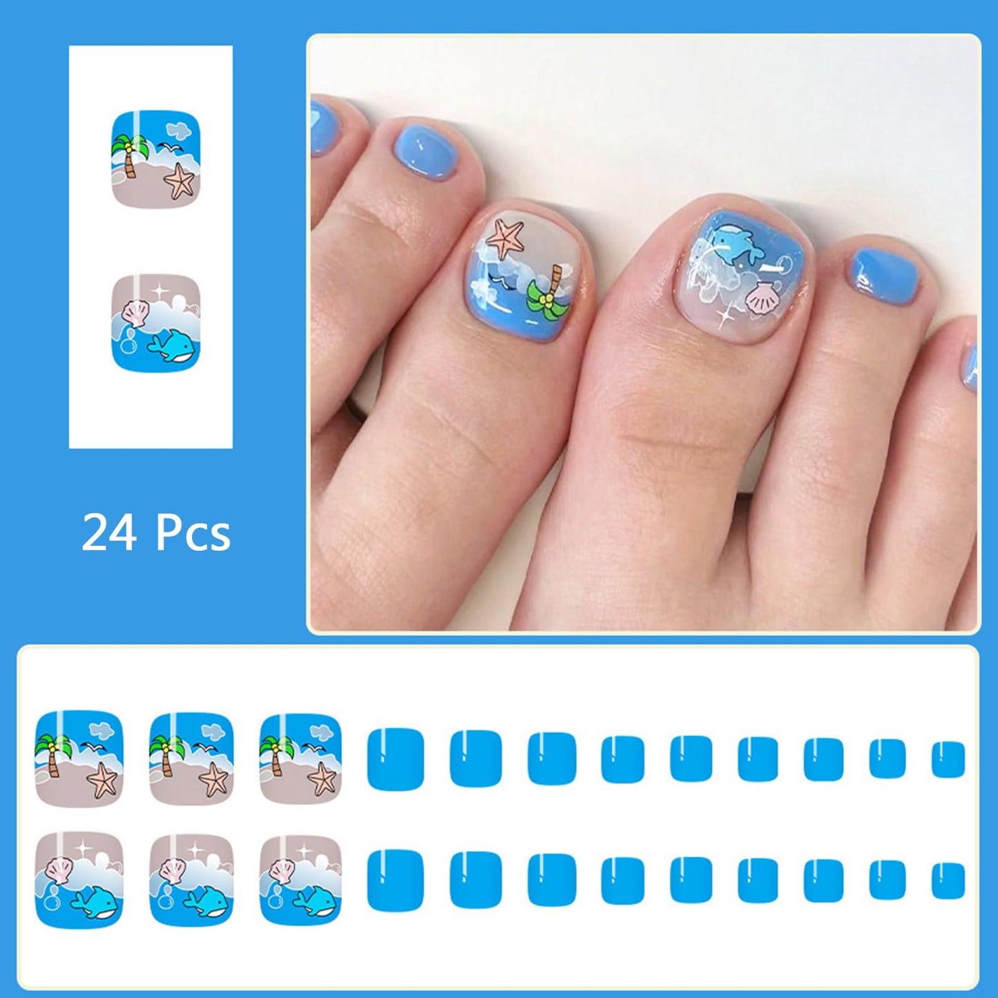 24Pcs Blue Press on Toenails Summer Beach Fake Toe Nails with Coconut Tree Shell Whale Seagull Designs Cute Toenail Press ons Blue Sea Acrylic False Toenails Artificial Toenails for Women
