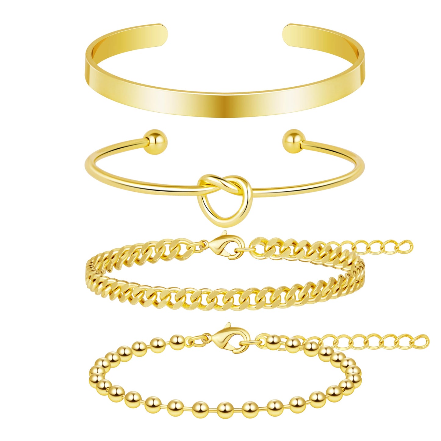 Gold Stack Bracelet for Women, 14k Gold Filled Bangle Cuff Bracelet Stack Dainty Jewelry for Women, Stretch Beaded, Love Knot Cuff, Cuban Chain