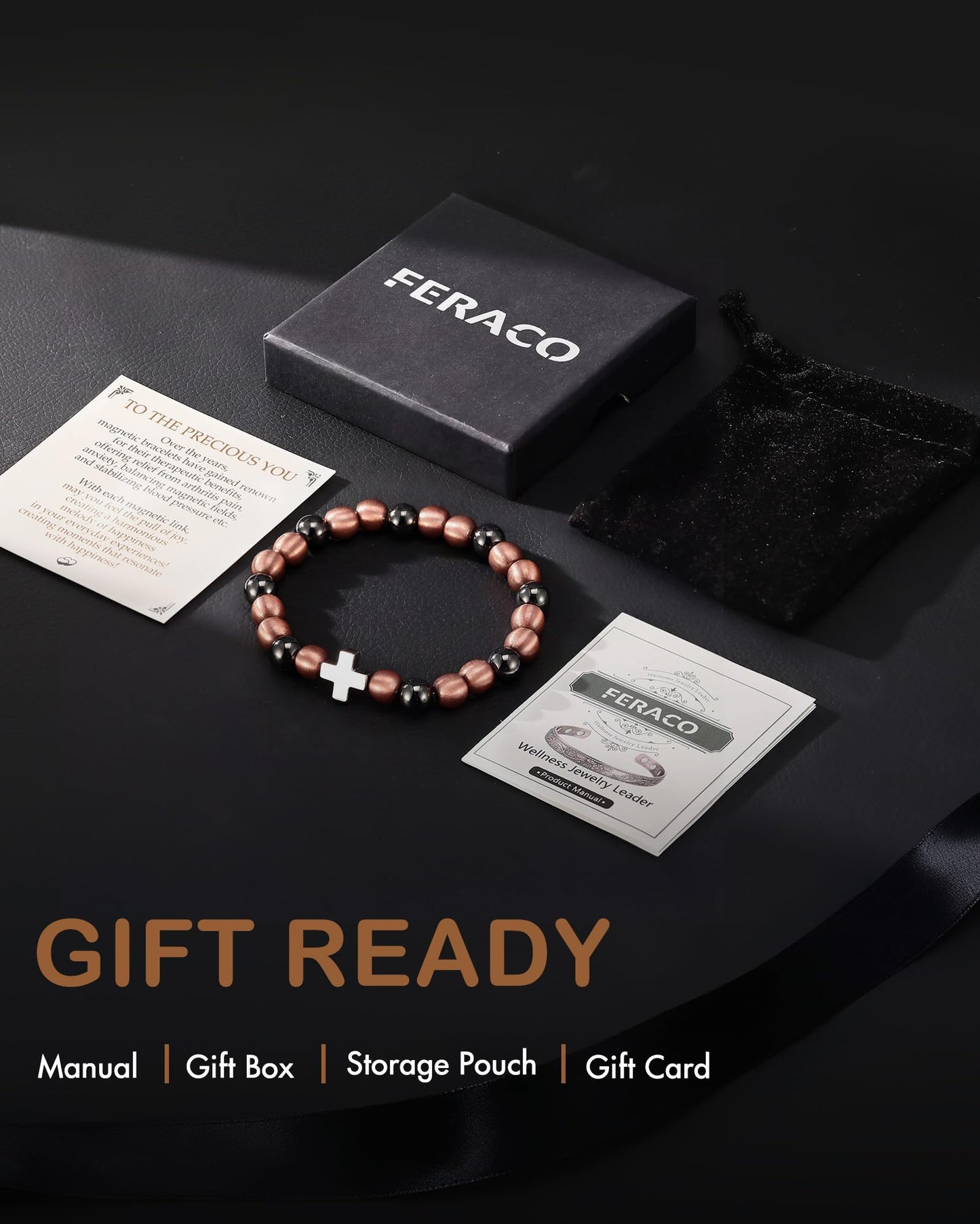 Feraco Pure Copper Magnetic Bead Bracelet for Men Women with Cross, 8mm 99.99% Solid Copper & 3500 Gauss Magnetic Hematite Beads, Unisex Stretch Wristband, Gift-Ready Jewelry (Silver)