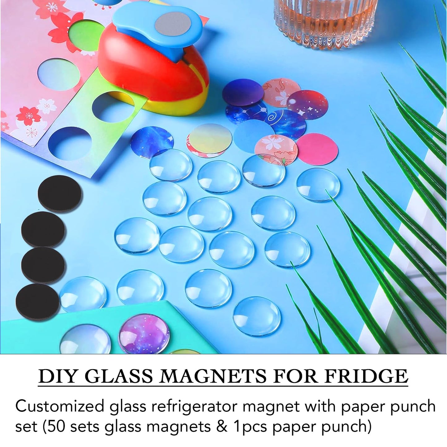 97pcs DIY Fridge Magnets Craft Set Include 1-Inch Paper Punch,Craft Magnets Glass Ceramic Ferrite Magnet with Adhesive Backing and Clear Glass Cabochons for Refrigerator (48 Sets,1 Inch, Round) (97)