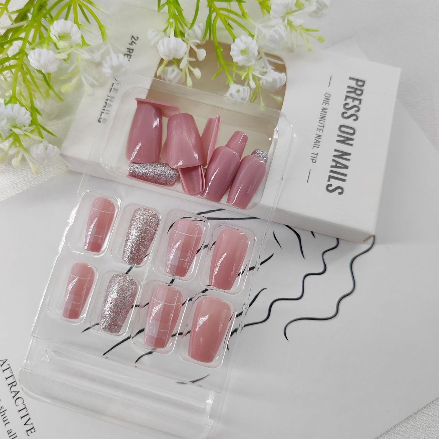 Press on Nails Short Coffin Fake Nails Glitter Glue on Nails Glossy Nails Press ons Pink Acrylic Nails Cute False Nails with Plaid Lines Designs Artificial Stick on Nails for Women 24Pcs