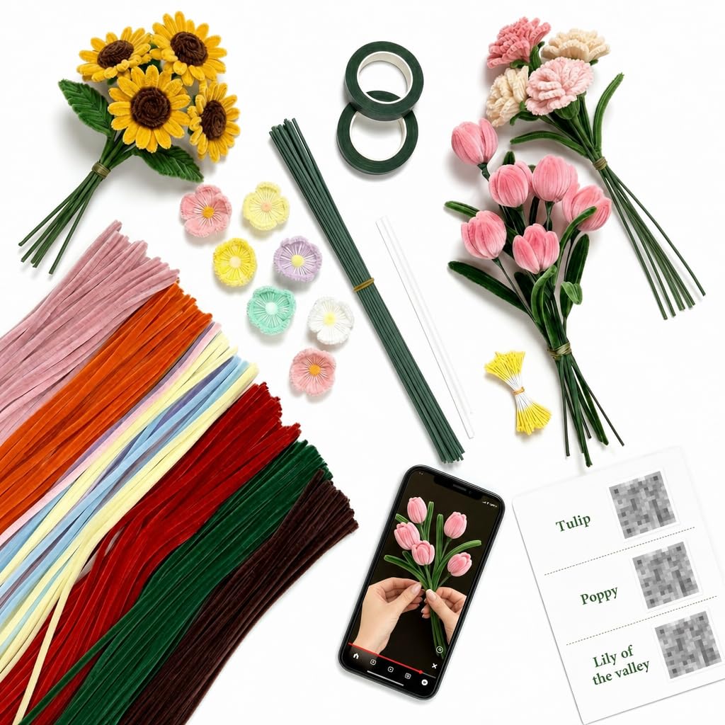 Anpyxun Pipe Cleaner Flower Kit for Adults, DIY Flower Bouquet Kit with Step-by-Step Video Tutorials, 600PCS Flower Craft Set for Beginners, Handmade Forever Flower Bouquet Making Supplies