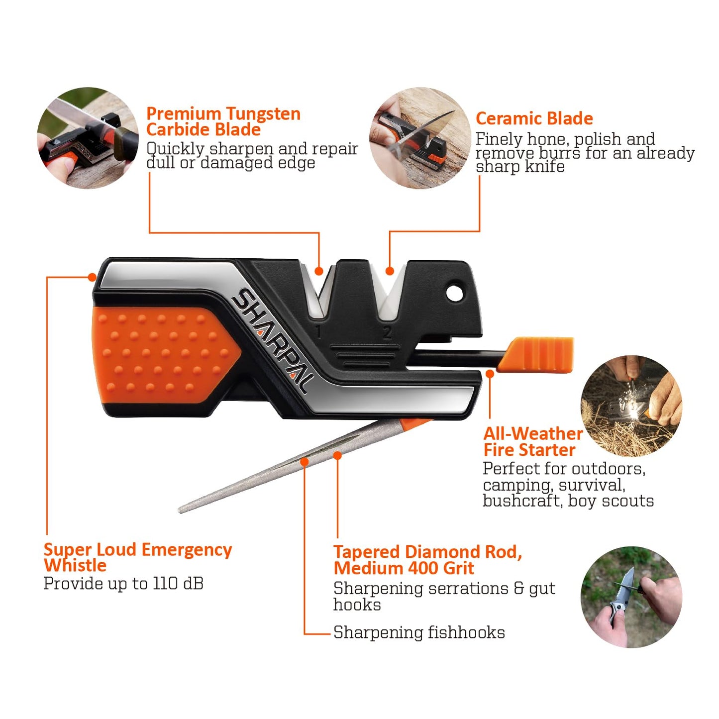 SHARPAL 101N 6-in-1 Pocket Knife Sharpener & Survival Tool – Diamond Sharpening Rod, Fire Starter Ferro Rod, Whistle – Sharpens Straight & Serrated Blades, Repairs & Hones Knives Mothers Day Gifts