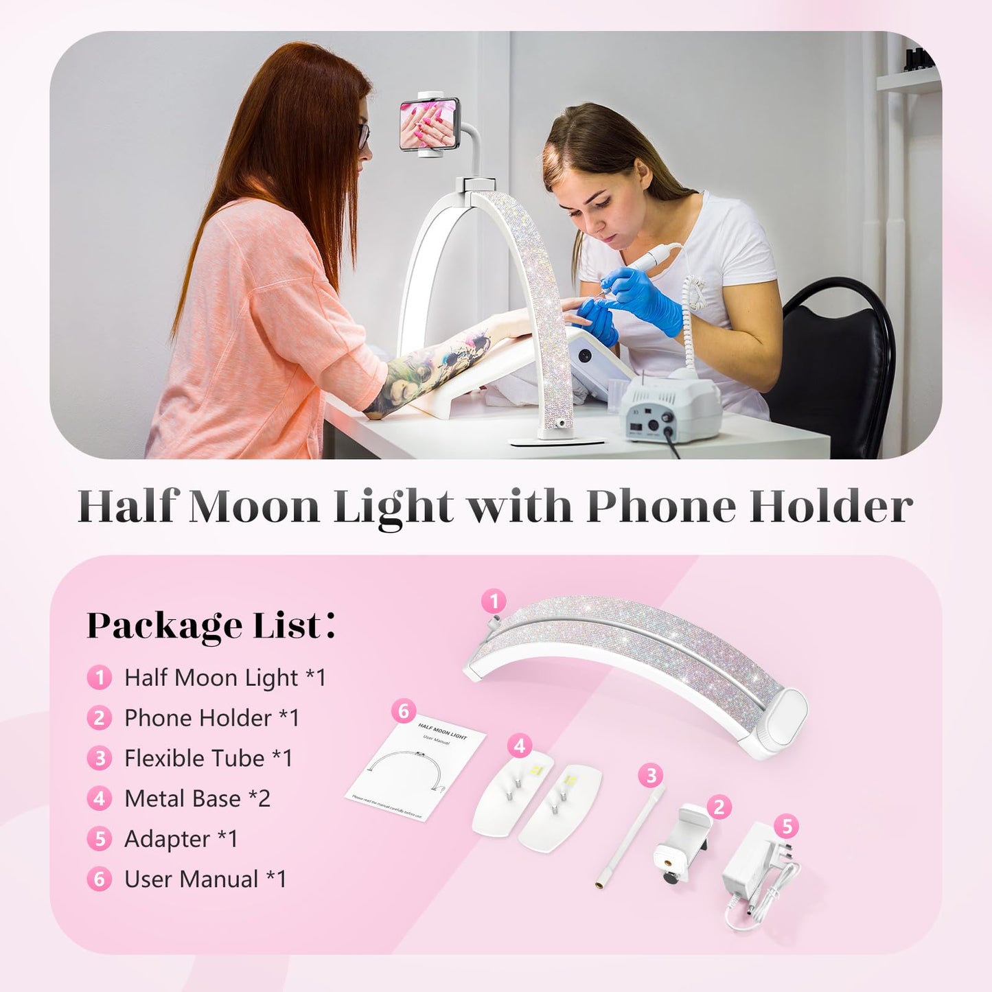 Yokilly Half Moon Light for Nail Desk: 23" Foldable Half Moon Desk Lamp with Phone Holder for Beginner - Arch Nail Tech Light with 3 Color Modes & 10 Brightness for Manicure Salon (Diamond, Small)
