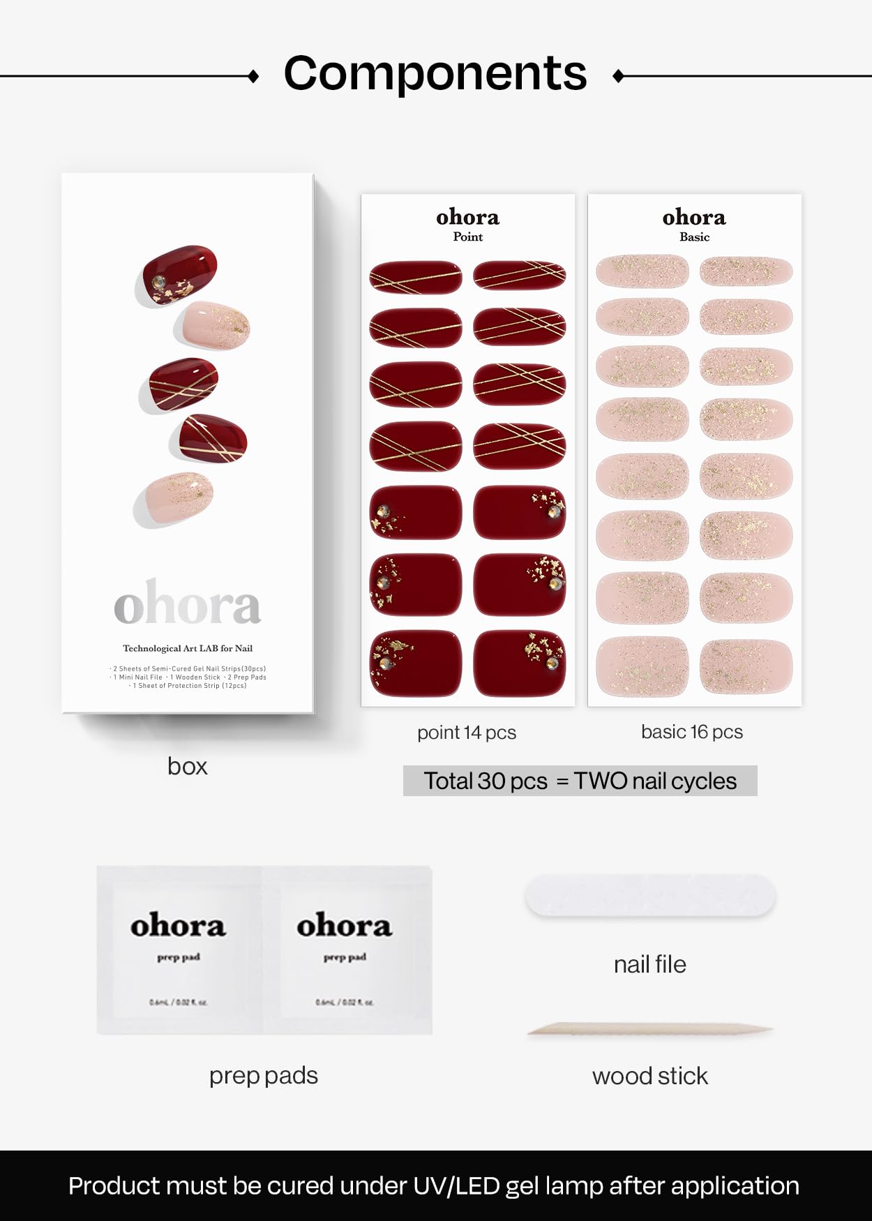ohora Semi Cured Gel Nail Strips (N Ruby Glint) - Works with Any Lamps, Salon-Quality, Long Lasting, Easy to Apply & Remove - Includes 2 Prep Pads, Nail File & Wooden Stick