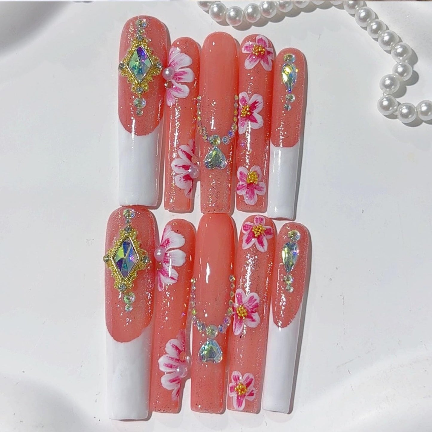 10 Pcs Extra Long Handmade Press on Nails Square Fake Nails with 3D Flowers Rhinestones Charms Design White French Tip False Nails Pink Acrylic Wedding Party Press Ons Nails Long for Women - M Size