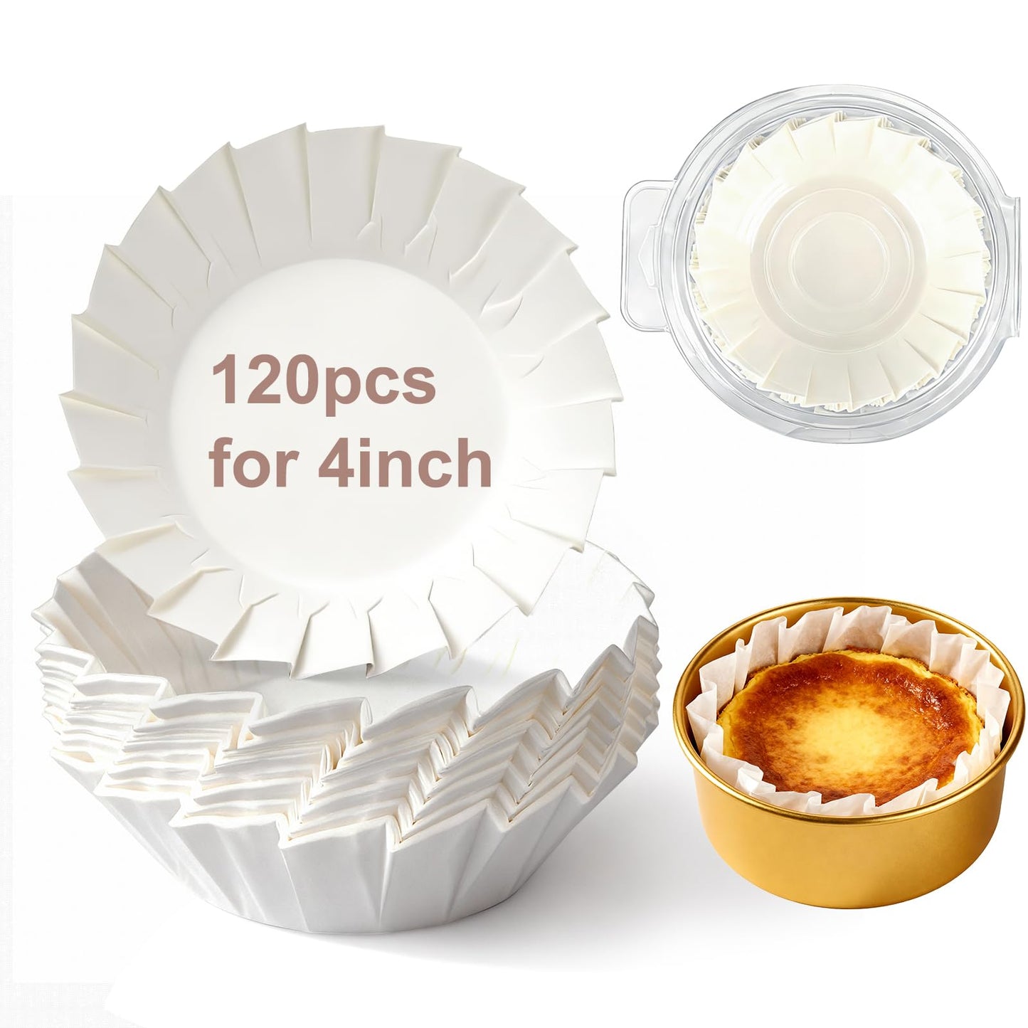 YQL 120PCS 4 Inch Disposable Basque Cake Paper Liners, Non-Stick Parchment Wrappers for Cheesecake, Muffin, Cupcake, Baking Paper Cups for Oven, Air Fryer, Microwave, White