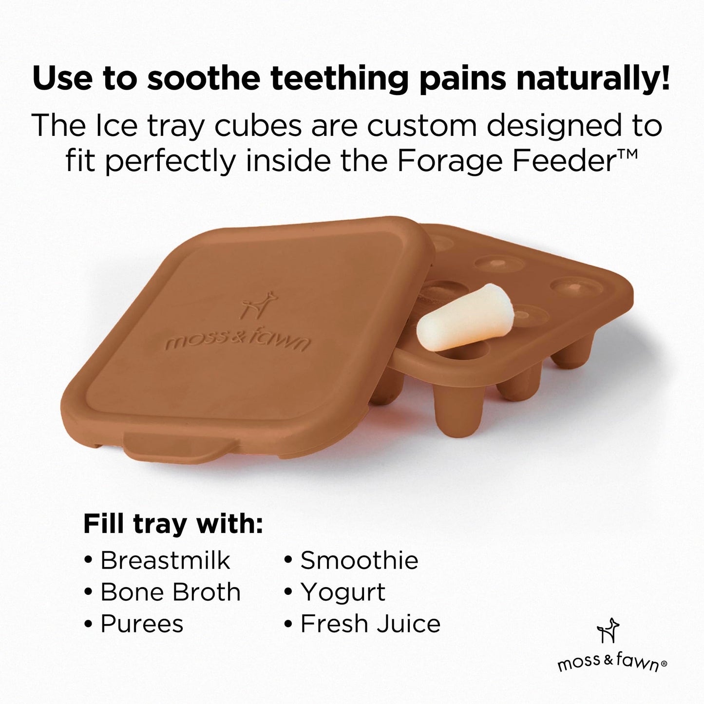 Moss and Fawn Baby's First Bites Bundle - Silicone Frozen Breast Milk Popsicle Kit with Forage Feeder & Teething Popsicle Ice Cube Tray - BPA, PVC, & Lead-Free - Foliage