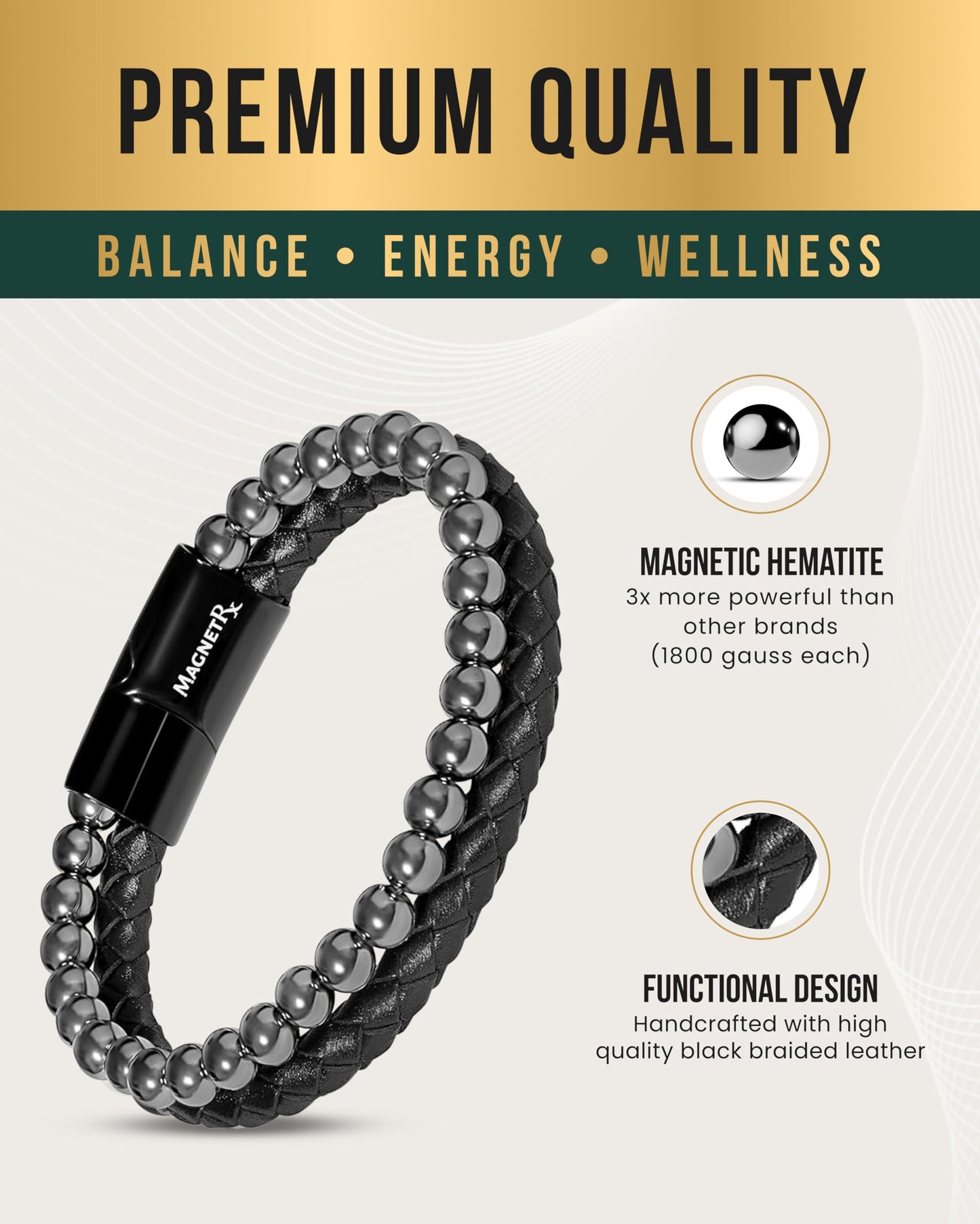 MagnetRX® Hematite & Leather Magnetic Bracelet – Max Strength Natural Stones – Beaded Magnetic Hematite Bracelets (Medium)