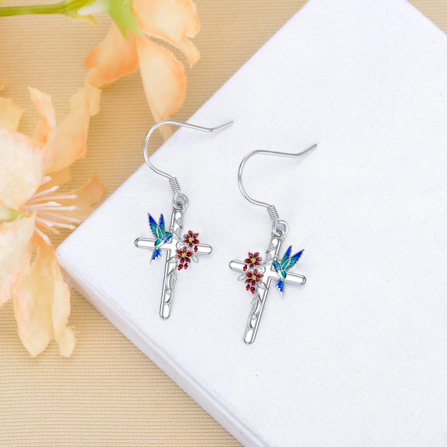 LONAGO Hummingbird Earrings for Women Sterling Silver Hummingbirds Cross Dangle Earring Jewelry Gift for Women