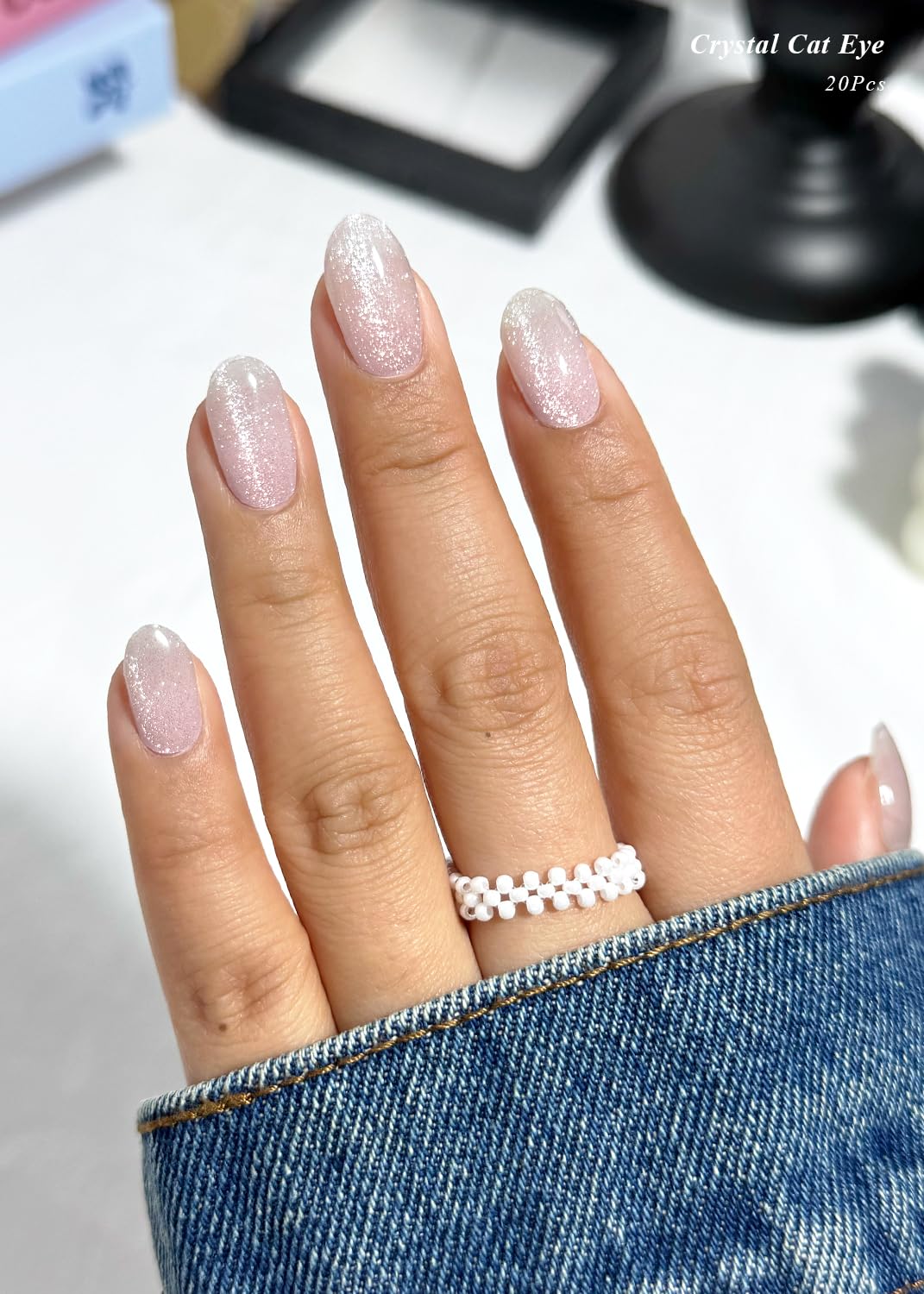 AutyaMee Semi Cured Gel Nail Strips (Crystal Cat Eye), Pink Omber, 20 Pcs Gel Nail Wraps, Stickers, UV Light Required, Salon Quality, Long Lasting
