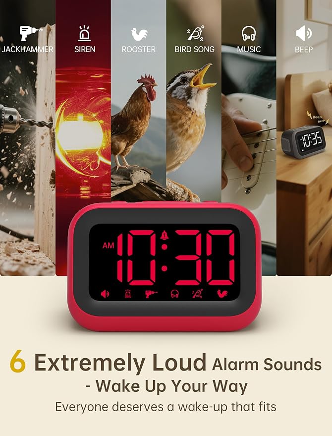Acedeck Super Loud Alarm Clock: 115dB Wake-Up Power | Dual Alarms and 6 Alarm Sounds for Heavy Sleepers Adults and Shift Workers - Bedroom and Daily Wake-Up Use (Red Digits)