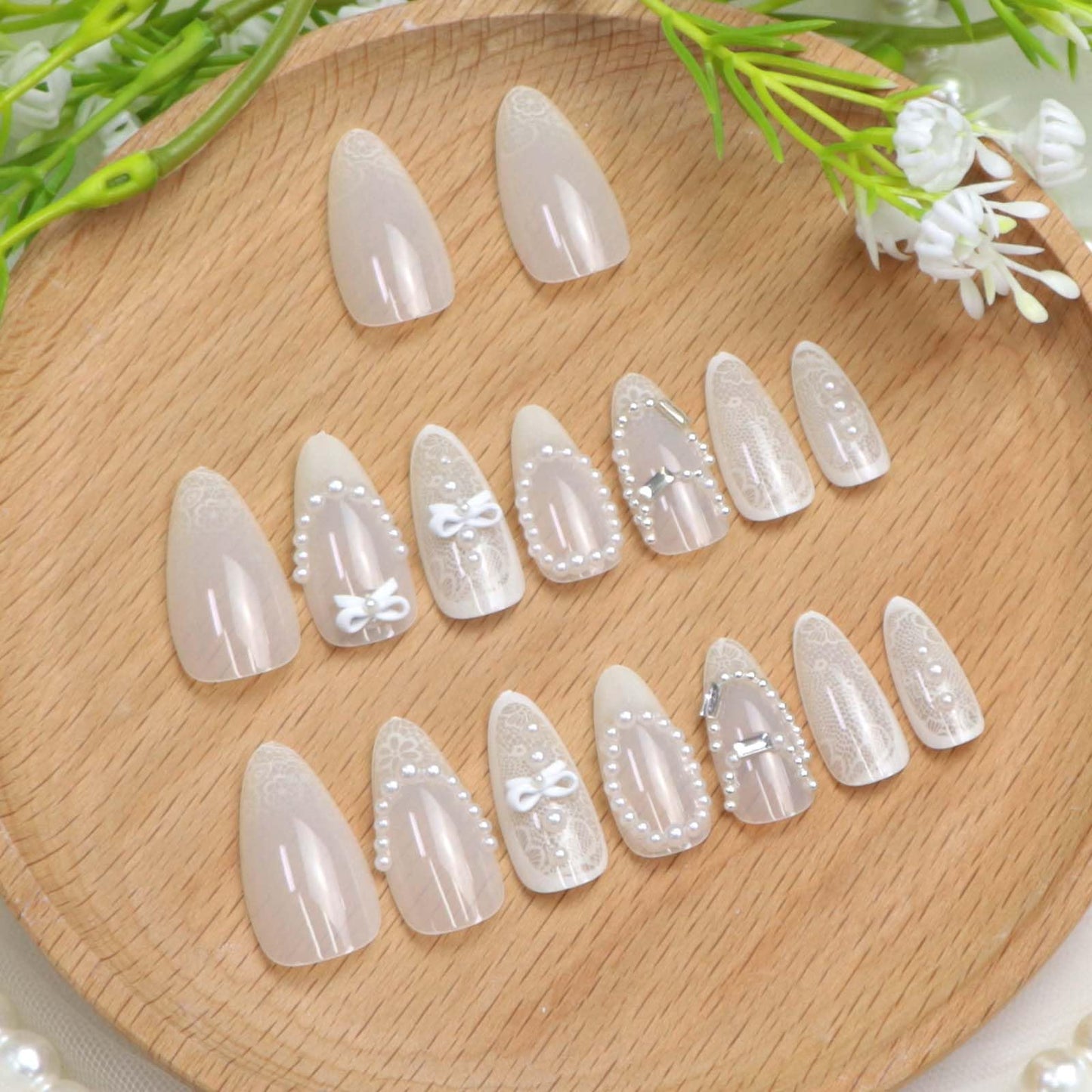 Medium Press on Nails Almond Fake Nails White Translucent Nails Press ons with 3D Bow Pearl Rhinestone Flowers Designs Artificial Stick on Nails for Women 24Pcs
