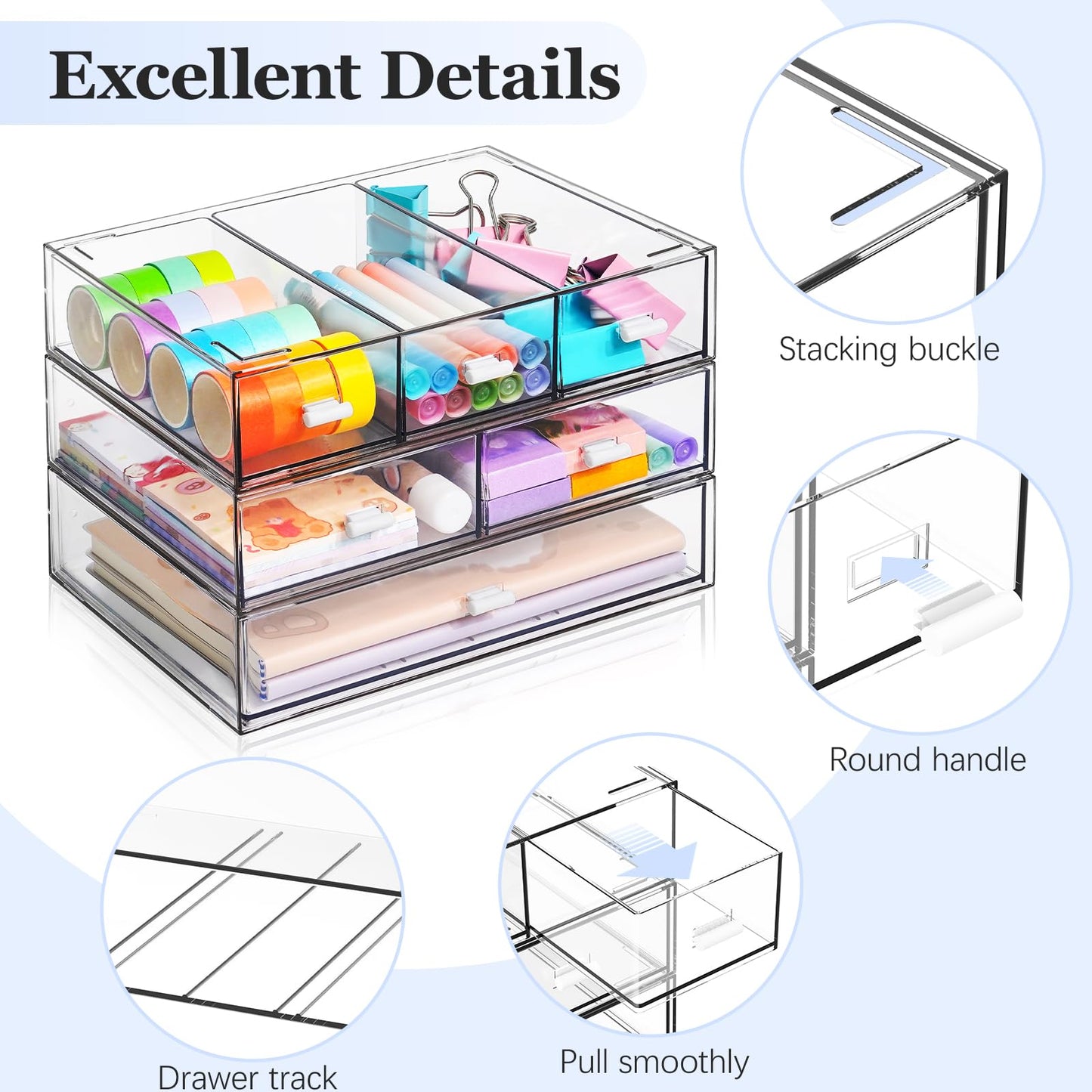 3 Tier Stackable Desk Organizer with 6 Drawers, YOCOMEY Plastic Desktop Storage Box Drawers, Detachable Makeup Storage Office Stationery Supplies Organizer for Office School (All Clear)