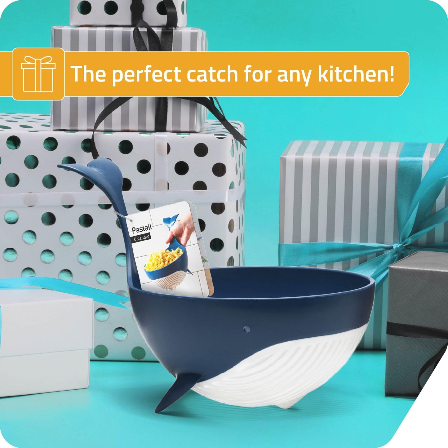 Peleg Design Pastail Medium Pasta Colander – Fun Whale-Shaped Plastic Colander for Draining Pasta, Vegetables, and Fruit. Fun kitchen gadgets. Cute kitchen gift.