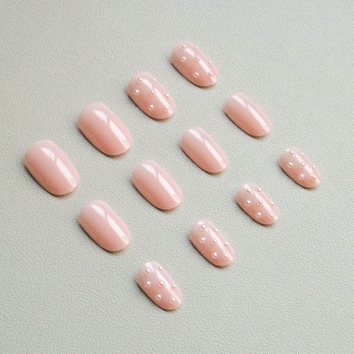 Pink Press on Nails Medium Oval Fake Nails Nude Nails Press ons with 3D Pearl Design,Cute Reusable Artificial Nail Full Cover Stick on Nails for Women Manicure 24Pcs