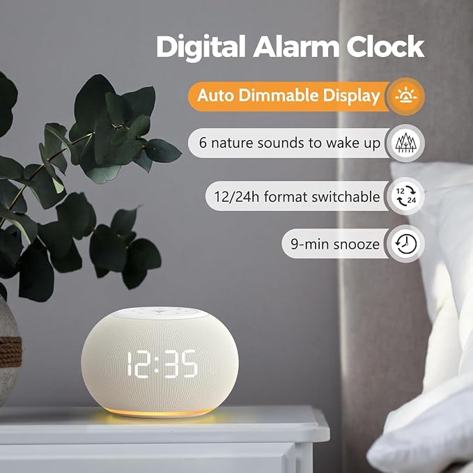 REACHER Auto Dimmable Sound Machine Alarm Clock with Night Light for Girls | 20 soothing sounds, sleep timer, precise volume, soft night lights, auto-dimming display, cute white noise soother for kids