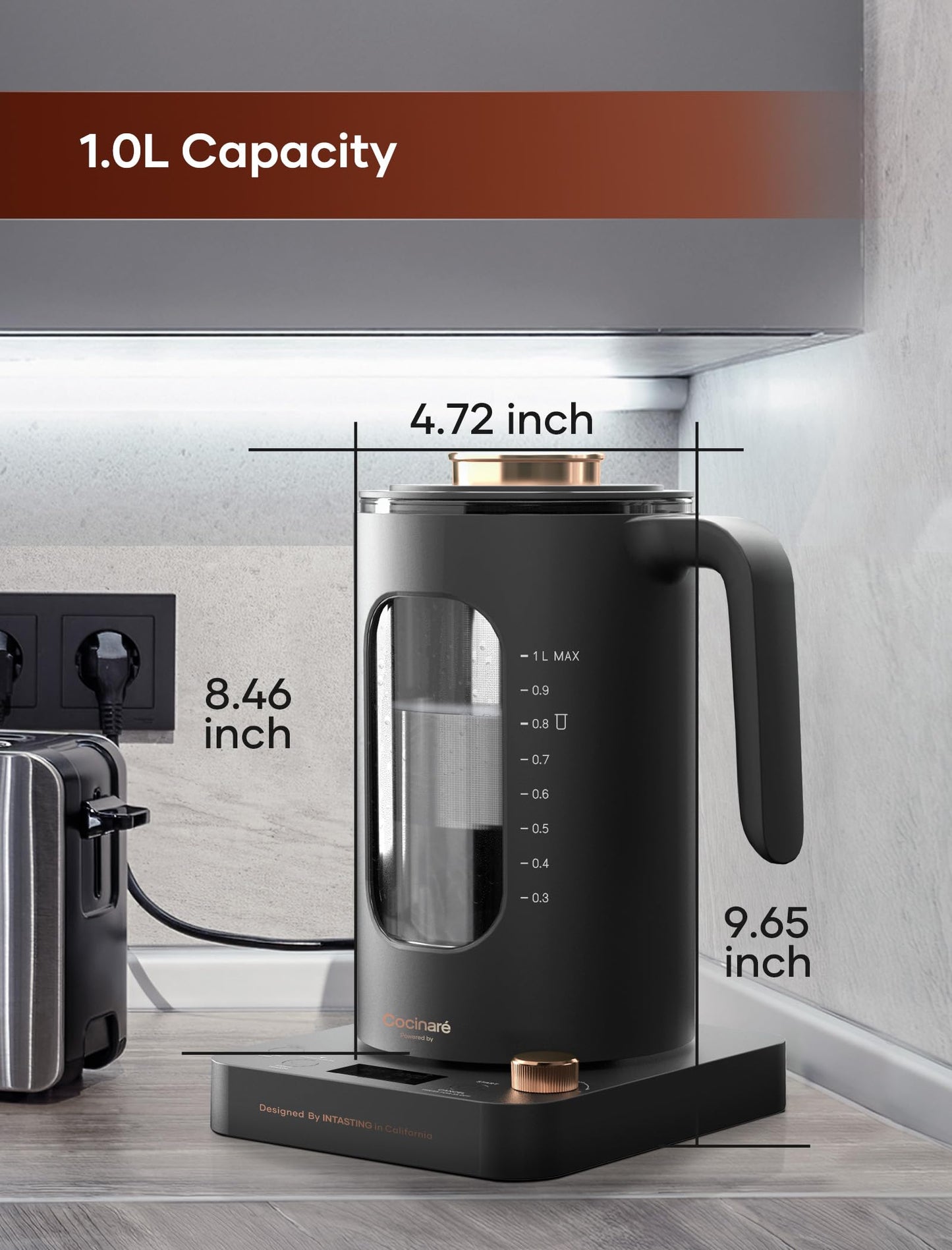 Electric Tea Kettle, INTASTING Glass Electric Kettle with tea Infuser and Precise knob temperature control, 1200W Fast Heating, BPA-Free, Easy to Clean, 1 Liter (Dark Gray)
