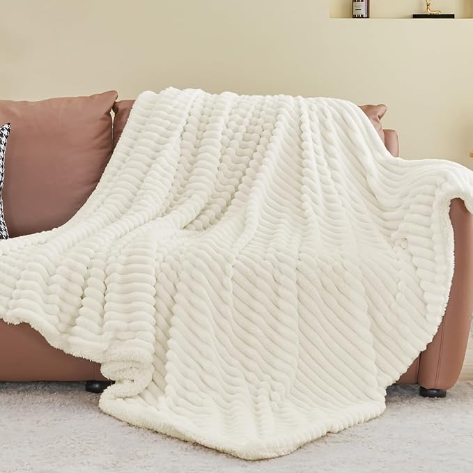 INFIIXSO Sherpa Throw Blanket for Couch - Super Soft & Warm Striped Fleece Blanket, Cozy Plush Fluffy Blanket All Season Use (Cream, 60x80 Inches)