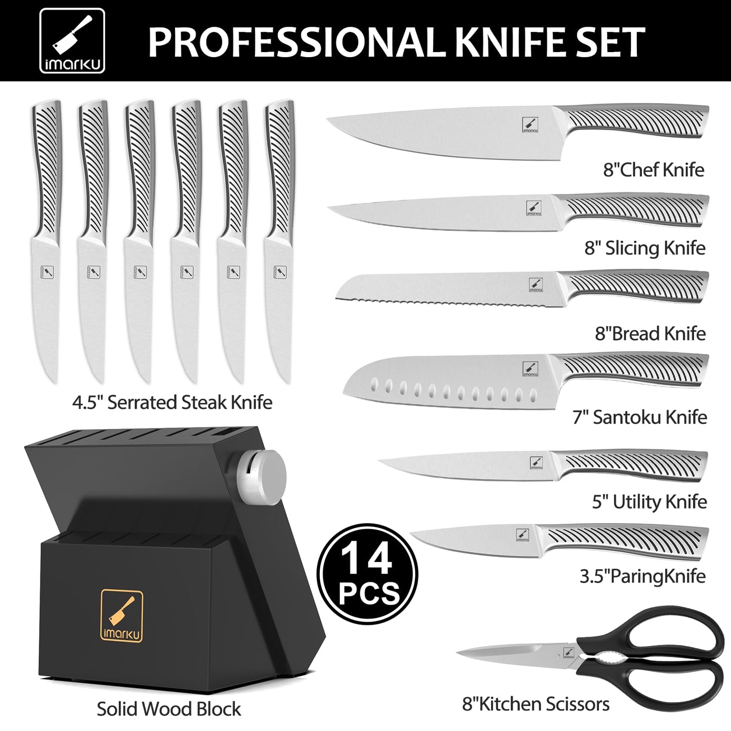 Knife Set, imarku 14Pcs Kitchen Knives Set, Premium Japanese Knife Set with Block, Razor-Sharp High Carbon Stainless Steel Knives Set for Kitchen, Dishwasher Safe, Built-in Sharpener, Black