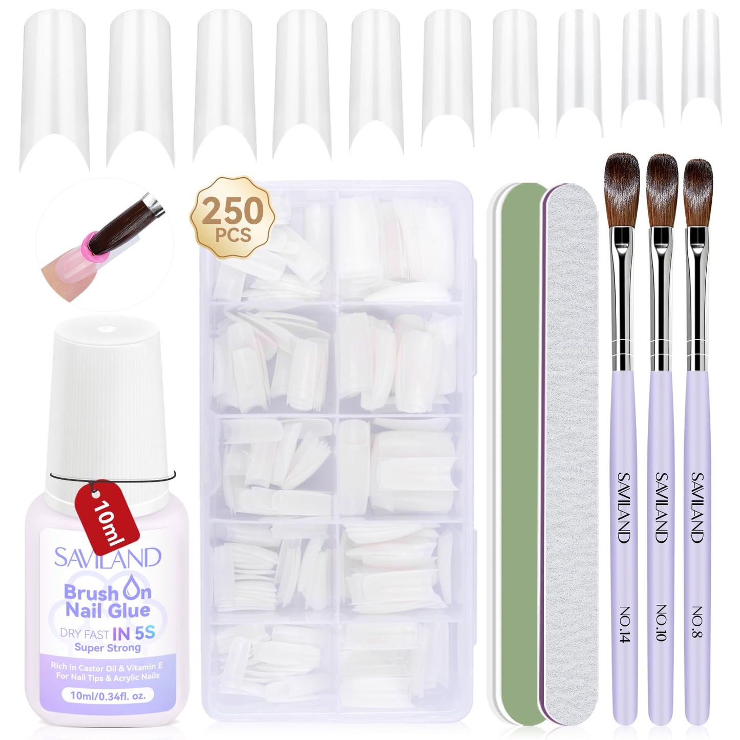 SAVILAND Acrylic Nail Tips with Acrylic Nail Brush: 10 Sizes Half Cover French Nails Tips Manicure Brush Size 8/10/14 for Acrylic Powder Nail Kit with Box Art At Home DIY
