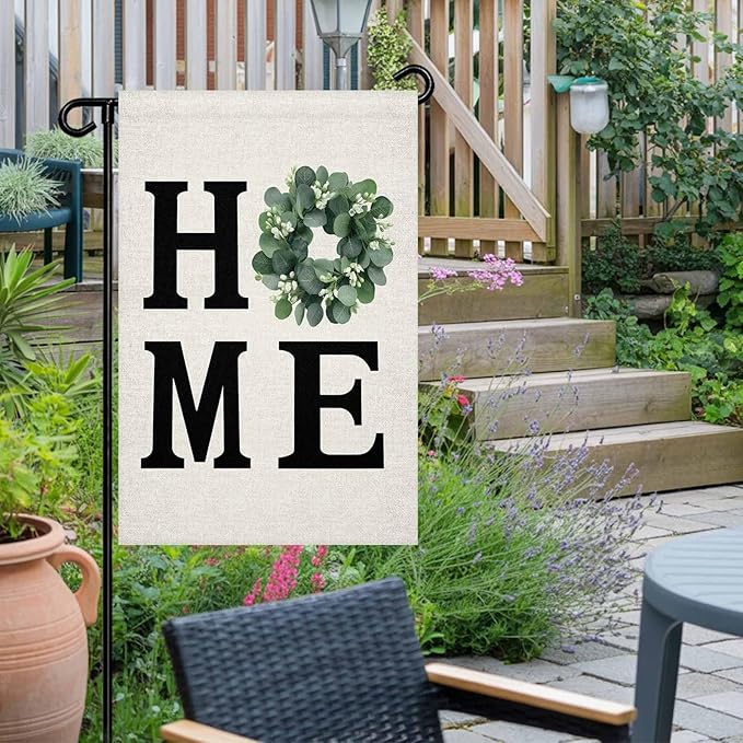 Home Green Eucalyptus Leaves Garland Garden Flags 12x18 Inch Double Sided Welcome Yard Flags for Outdoor Decor Retro Linen Yard Outside Seasonal Decoration