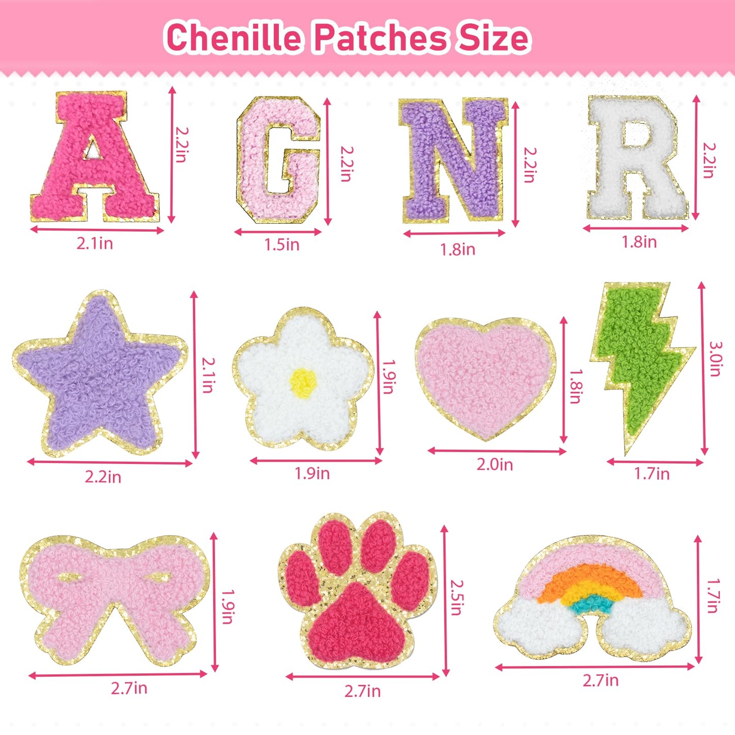 86 Pcs Chenille Letter Patches Self Adhesive Iron On Patches for Clothes,Include 52 A-Z Varsity Alphabet,34 Cute Pattern Chenille Patches for DIY Clothing,Bags,Hats,Embroidered Repair