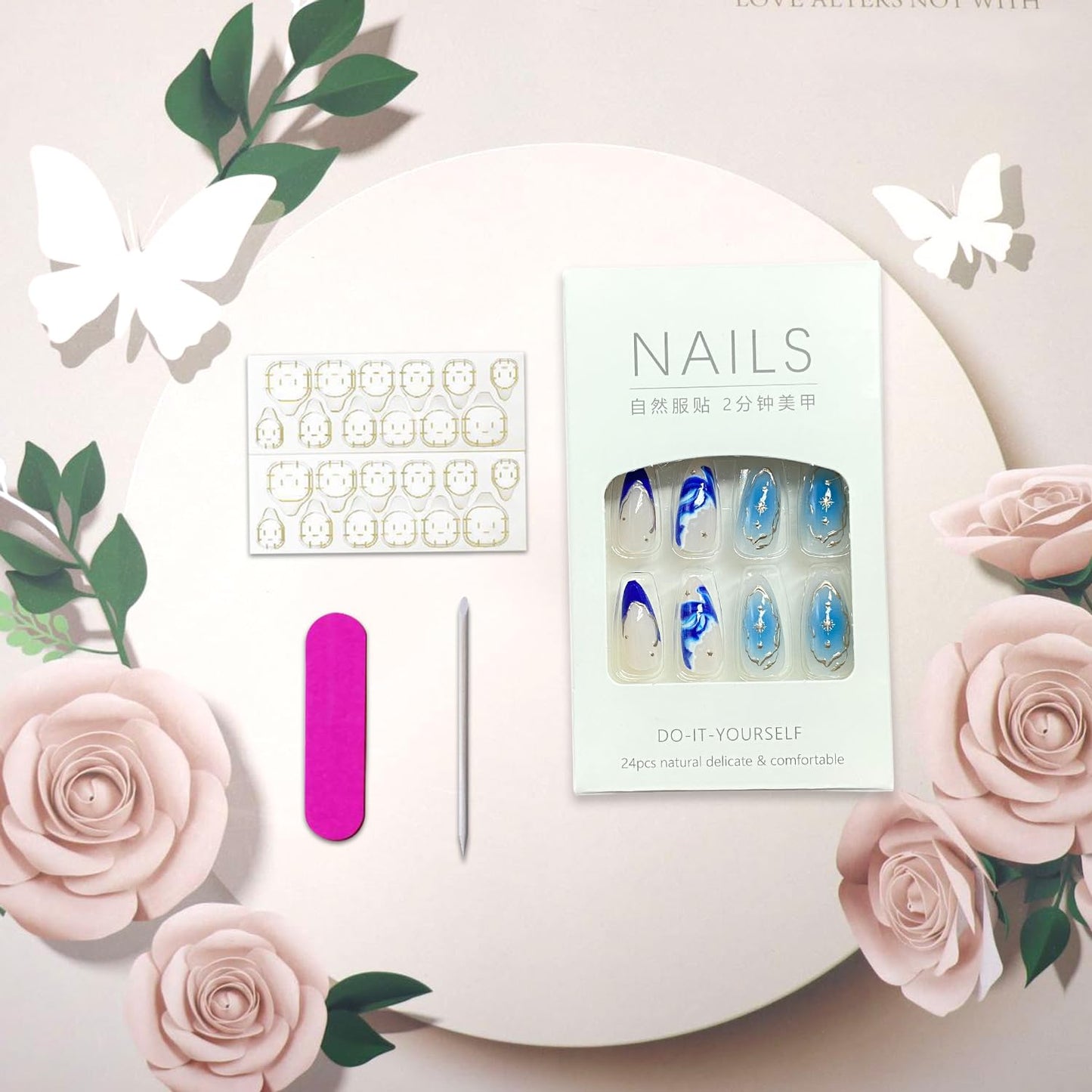 Blue Marble French Tip Press on Nails Long Almond Fake Nails with Design Glossy Gradient Acrylic Glue on Nail Reusable Full Cover Artificial Stick on Nail for Women DIY Manicure