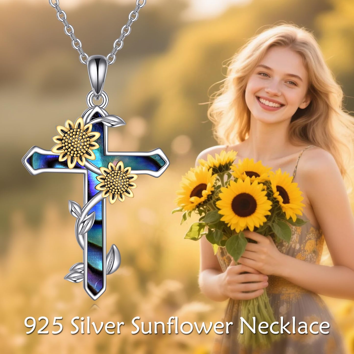 JERWLI Sunflower Cross Necklace S925 Sterling Silver Abalone Shell Sun Flower Cross Pendant Necklaces Faith Jewelry Gifts For Women Female Love Mother